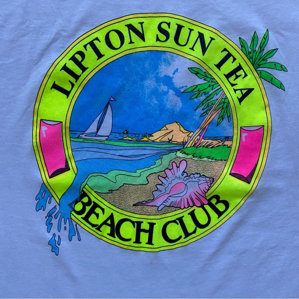 Vintage 1990s 90s Lipton Sun Tea Beach Club T Shirt Tee Size XL White Neon Pink - Picture 2 of 5